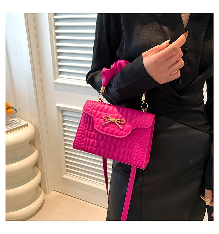 Vibrant Retro Crocodile Pattern Chic Shoulder Bag - Compact, Versatile, Fashionable, Everyday Wear with Bowknot Detail, Casual Street Style, and Chic Design - Perfect for Women's Daily Use